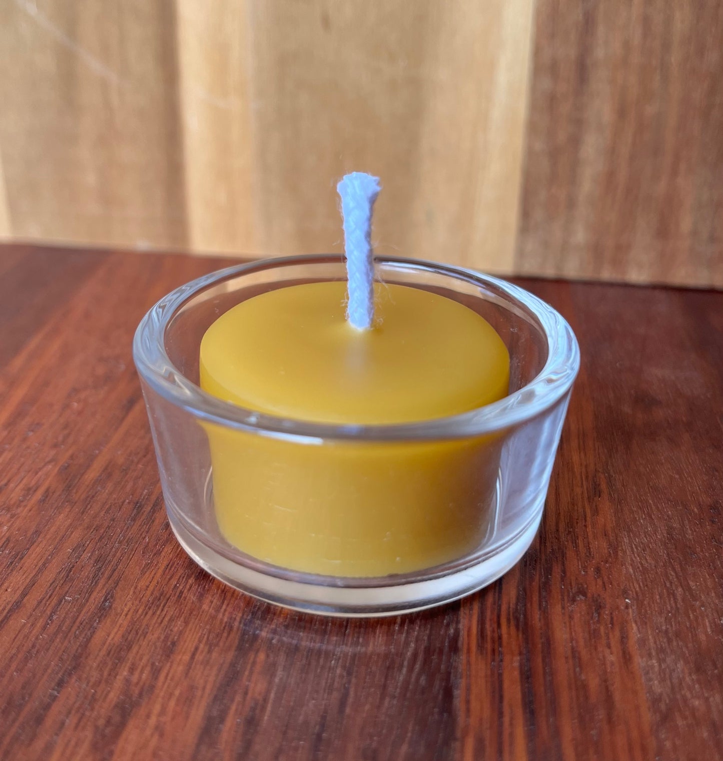 Beeswax tea light with small glass holder