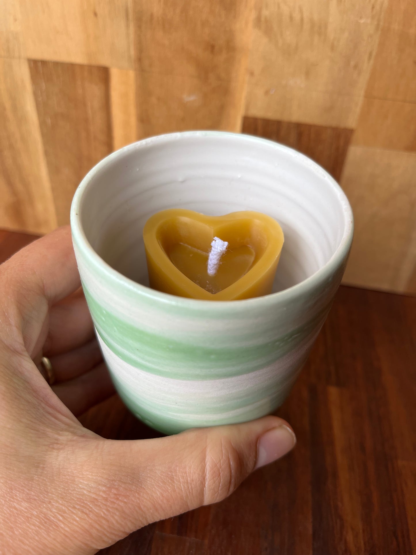 Beeswax heart shaped candle with ceramic holder green