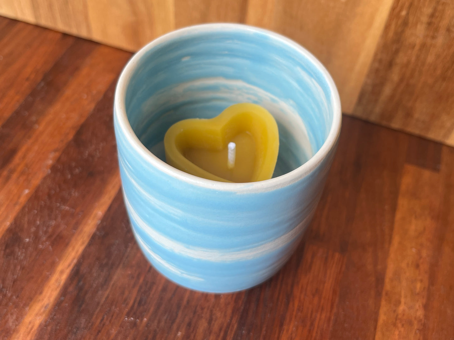 Beeswax heart shaped candle with ceramic holder blue