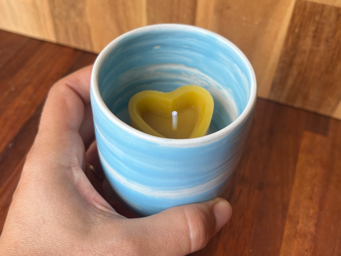 Beeswax heart shaped candle with ceramic holder blue