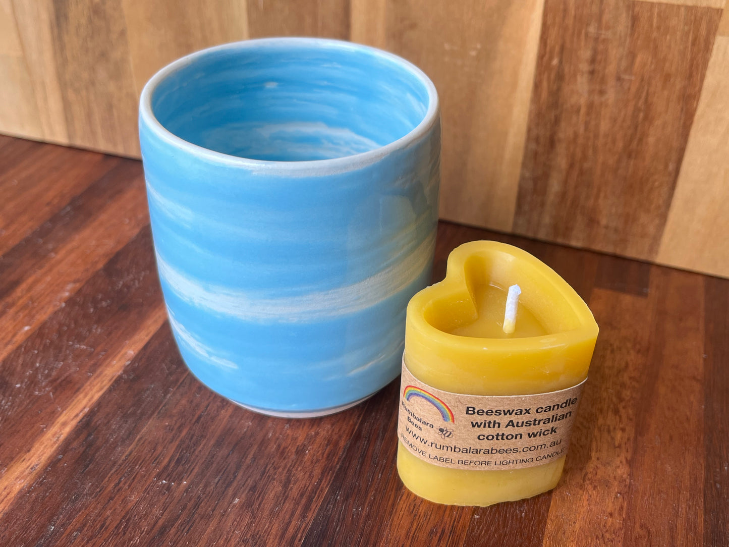 Beeswax heart shaped candle with ceramic holder blue