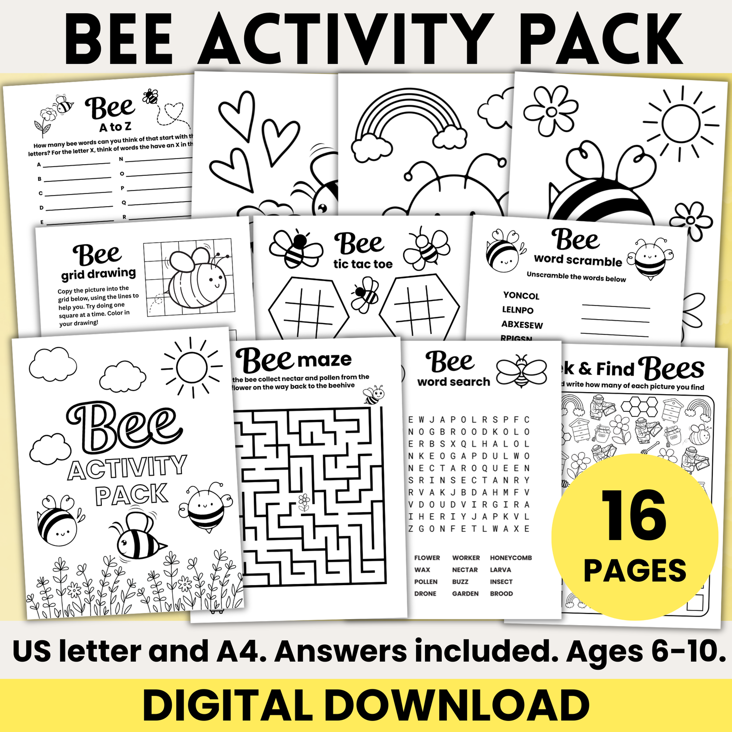 Bee activity pack printable 6-10 years