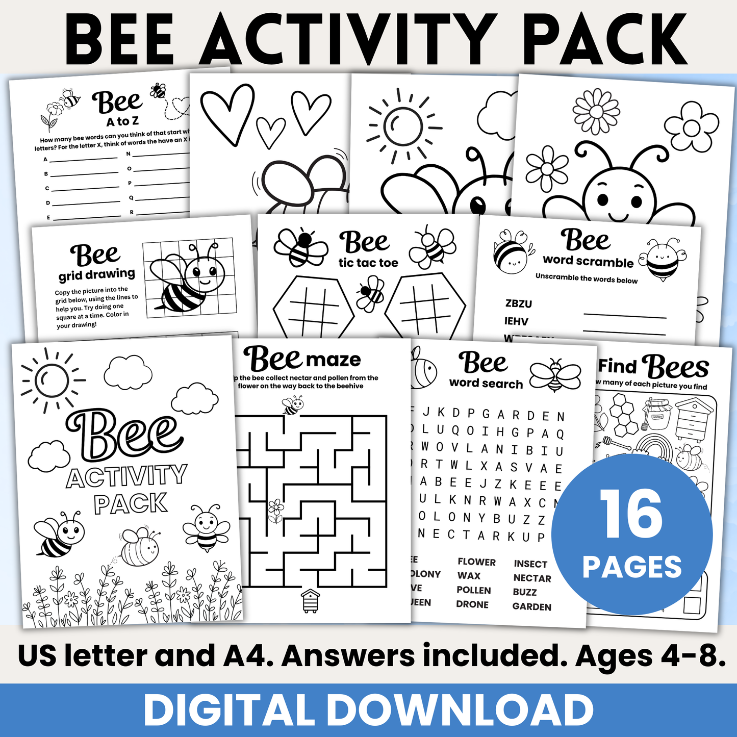 Bee activity pack printable 4-8 years
