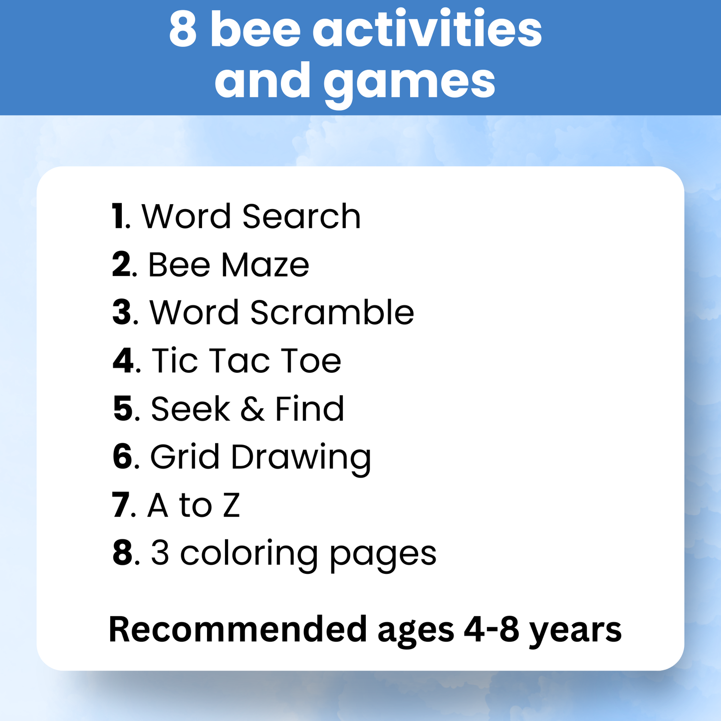 Bee activity pack printable 4-8 years