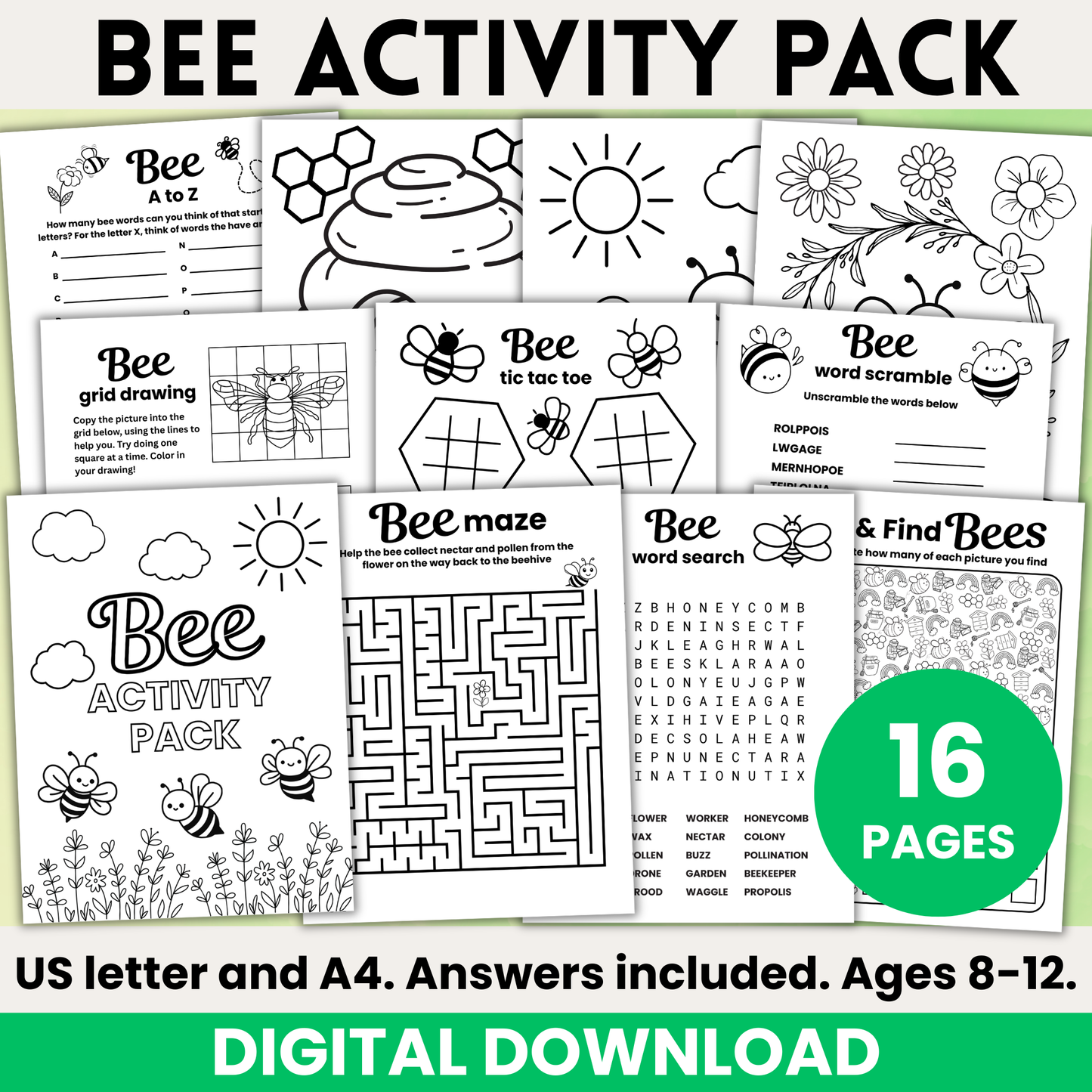 Bee activity pack printable 8-12 years