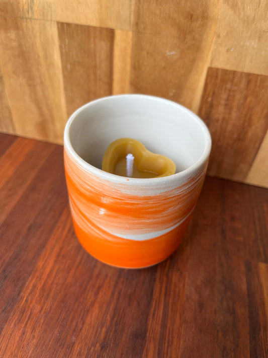 Beeswax heart shaped candle with ceramic holder orange