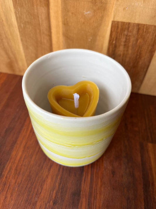 Beeswax heart shaped candle with ceramic holder yellow