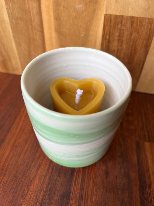 Beeswax heart shaped candle with ceramic holder green