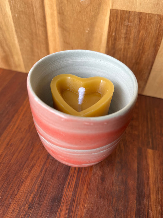 Beeswax heart shaped candle with ceramic holder pink/red